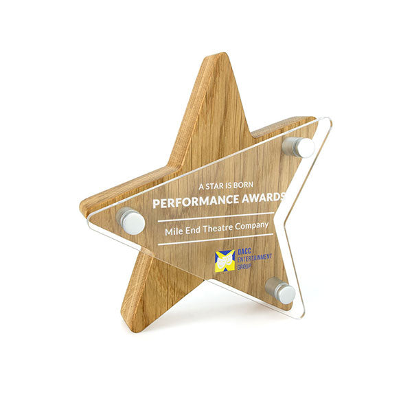 Promotional Solid Oak Star With Acrylic Face Plate