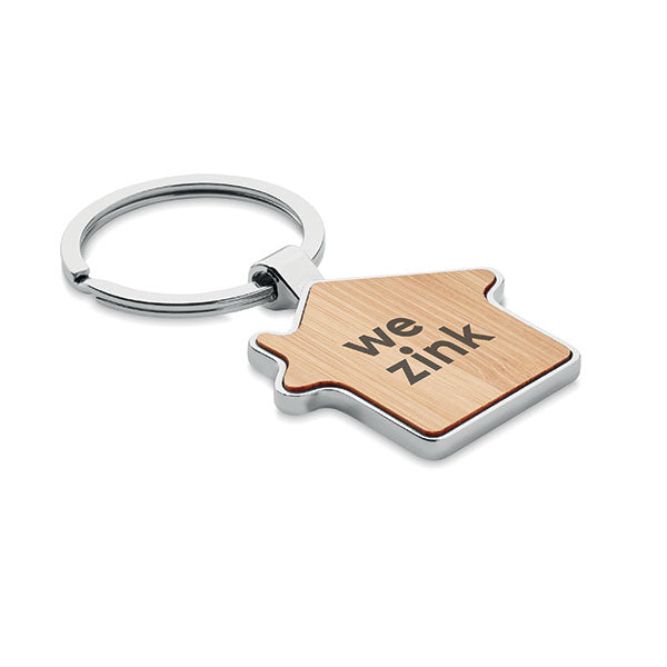 Promotional Shaped Metal and Bamboo Key Ring - Engraved