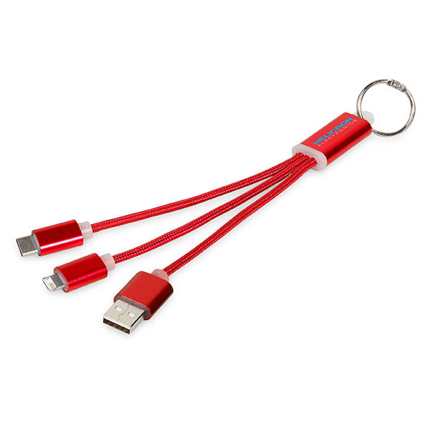 Promotional Metal 3 in 1 Charging Cable with Key Ring - Spot Colour