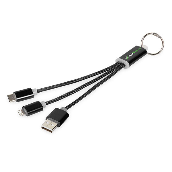 Promotional Metal 3 in 1 Charging Cable with Key Ring - Engraved